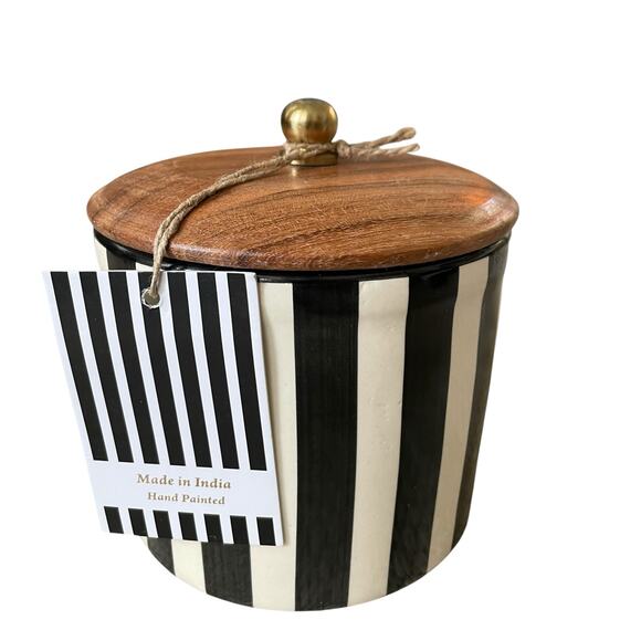 Hand Painted Striped Ceramic Canister w/ Wood Lid Made in India Black Cream NEW - Picture 15 of 15